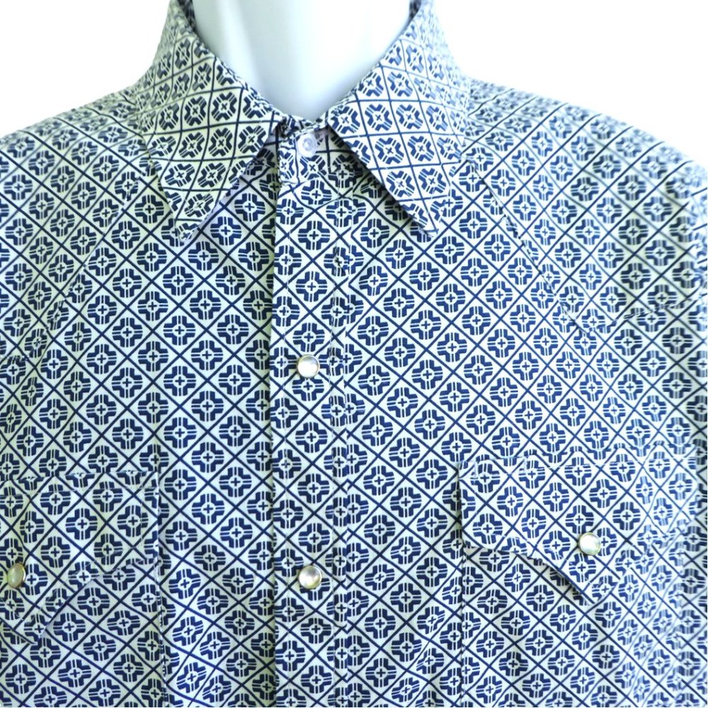 Ely Cattleman Western Pearl Snap Button Long Sleeve Shirt Allover Geo Print Flap